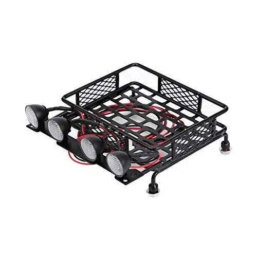 Produktbild: equlup Dachgepäckträger aus Metall, Kleiner Dachgepäckträger mit rundem LED-Licht für Axial SCX10 1/10 RC Car (4 weiß)