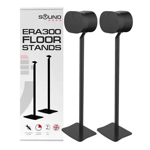 Produktbild: ERA300 Bodenständer, Hochwertiges Metalldesign, Doppelpack (2 Stück), Schwarz, Kompatibel mit Sonos ERA 300 Lautsprecher, Zubehör Inklusive, Kabelmanagement, Entworfen in Großbritannien, Doppel, Paar