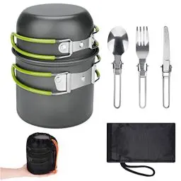 Produktbild: ERBO Camping Kochgeschirr Set, Camping Topf aus Aluminium, Outdoor Kochgeschirr mit Faltbare Besteck, Campinggeschirr 2 Personen, Camping Geschirr für Wandern Angeln Picknick (Grün)