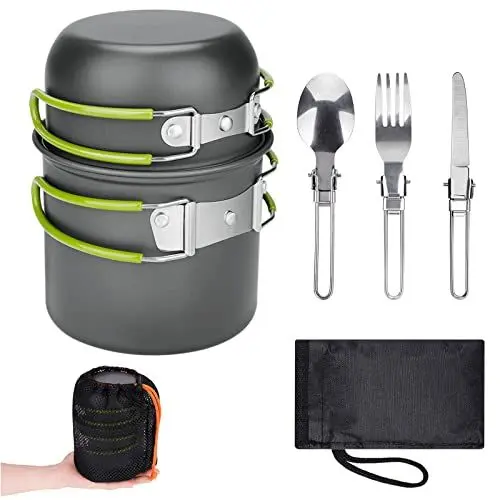 Produktbild: ERBO Camping Kochgeschirr Set, Camping Topf aus Aluminium, Outdoor Kochgeschirr mit Faltbare Besteck, Campinggeschirr 2 Personen, Camping Geschirr für Wandern Angeln Picknick (Grün)