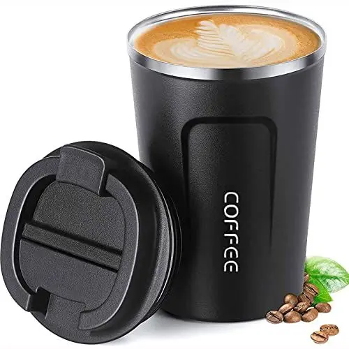 Produktbild: ERBO Kaffeebecher to go, Thermobecher Edelsthal, Auslaufsicher Kaffeetasse Kaffeebecher mit Deckel, Kaffeetasse Thermobecher für Unterwegs Umweltfreundlich, Schwarz 380ml