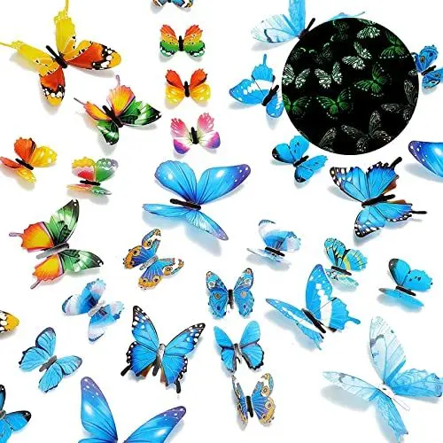 Produktbild: ERBO Schmetterlinge Deko, 48 Stück 3D Schmetterlinge Leuchtend, Schmetterling Wandsticker, Schmetterlinge Dekoration, PVC Schmetterling für Kinderzimmer Schlafzimmer Heimdeko (Blau, Bunte)
