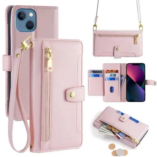 Produktbild: ERDARARIPRO Hülle für Samsung A24 4G mit Trageband, Flip Wallet Handyhülle mit Ständer und Magnetischem Reißverschluss (6 Kartenfächer+1 Bargeldfach) Folio aus Luxuriösem Veganem Leder Rose