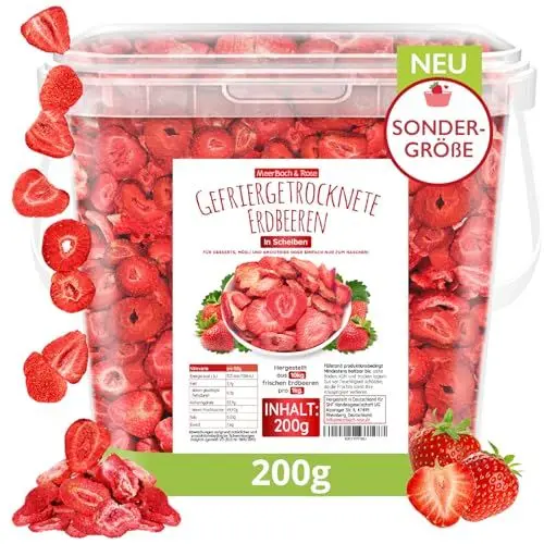 Produktbild: Erdbeeren gefriergetrocknet, 200g gefriergetrocknete Früchte in Scheiben, ungezuckert, fruchtige Erdbeerchips, getrocknete Erdbeeren