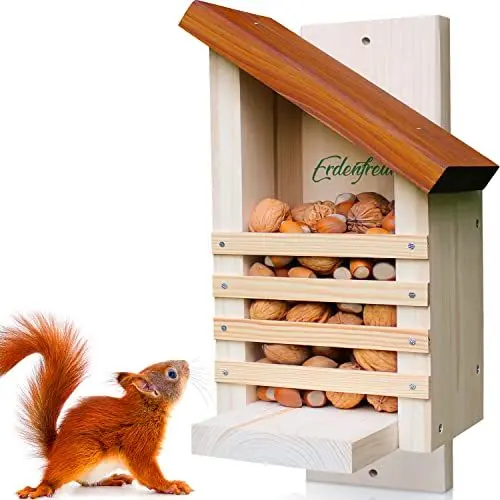 Produktbild: ERDENFREUND® Eichhörnchen Futterhaus ohne scharfes Glas & Genickbruch-Klappe 100% sicher wetterfest handverschraubt in der Pfalz Eichhörnchen Haus FSC