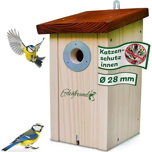 Produktbild: ERDENFREUND® Meisen Nistkasten 28mm Katzen-/Marderschutz innen Nistkasten für Vögel mit pickfestem Spechtschutz aus rostfreiem Metall Nistkasten Meise