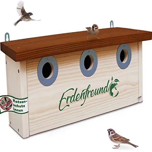 Produktbild: ERDENFREUND® Spatzen Nistkasten Marder-/Katzenschutz räubersicherer Brutkasten für Vögel pickfester Metall-Spechtschutz rostfrei 3er Spatzenhaus 34 mm (Kolonie Nistkasten Sperling 3 Nisträume)