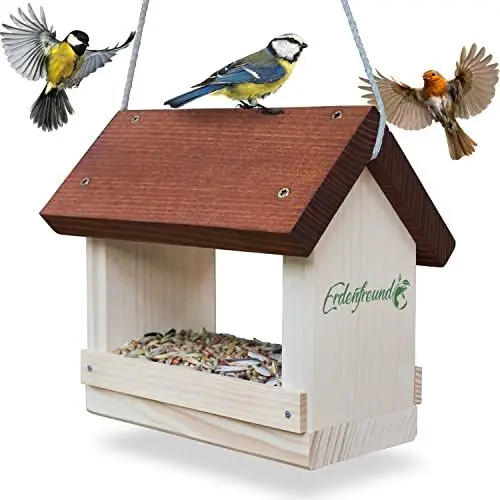 Produktbild: ERDENFREUND® Vogelfutterhaus 2 Größen mit Leinenkordel reißfest Futterhaus für Vögel wetterfest mit Schrauben rostfrei Vogelhäuschen FSC-Holz Made in der Pfalz (L - platzsparend)