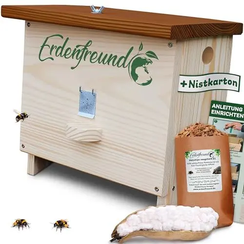 Produktbild: Erdenfreund® Hummelhaus mit Wachsmottenklappe und Räuberschutz Dachverschluss Hummelhotel + austauschbarer Nistkarton, Natur-Nistmaterial & Anleitung