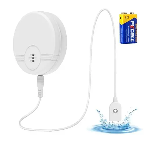 Produktbild: Erdiegle Wassermelder Wasseralarm, 135dB Wasser Sensor Alarm Wasserwarner Flut Detektor für Keller, Badezimmer, Waschküche, Küchen, Garagen, und Dachböden (6F22/9V Batterien enthalten) (1 Pack)