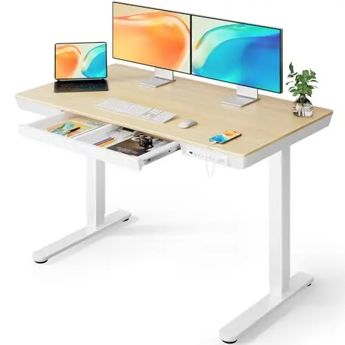 Produktbild: ErGear Schreibtisch Höhenverstellbar, 120 x 60 cm Elektrischer Höhenverstellbarer Schreibtisch mit Schublade, Sitz- und für Home Office (Natürliches Oberteil+ Weißer Rahmen)
