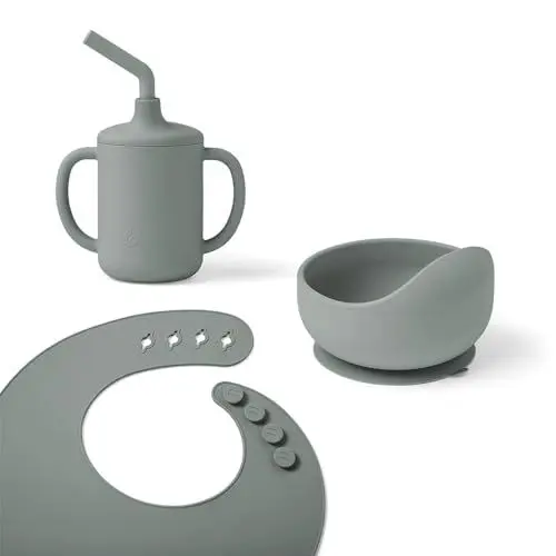 Produktbild: Ergobaby Kindergeschirr-Set Basic für Babys und Kleinkinder ab 6 Monaten, Baby Geschirrset mit Becher, Schale und Lätzchen, ohne BPA, PVC und Phthalaten, Sage Green