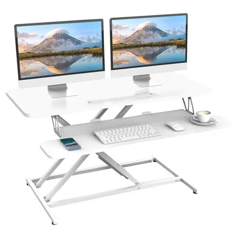 Produktbild: ERGOMAKER Steh-Sitz Schreibtischaufsatz Höhenverstellbar, Stehpult Aufsatz Schreibtisch 91 X 40CM Desktop Erhöhung mit Tastaturablage Für Zwei Monitore,Weiß