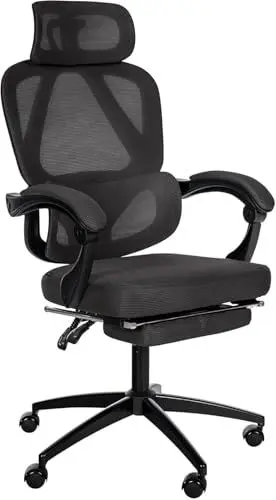 Produktbild: Ergonomischer Bürostuhl Höhenverstellbar mit Kopfstütze und Fußstütze, Schreibtischstuhl Homeoffice mit Lendenwirbelstütze, Office Chair 135° Kippfunktion Wippfunktion Drehstuhl Bürosessel (Schwarz)
