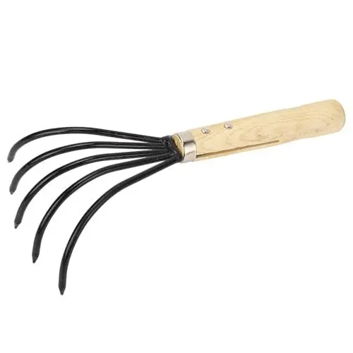 Produktbild: Ergonomischer Handrechen für den Garten, 5 Stahlzinken, Holzstiel, Krallengrubber Zur Bodenbearbeitung und -lockerung (Kurzer Griff)