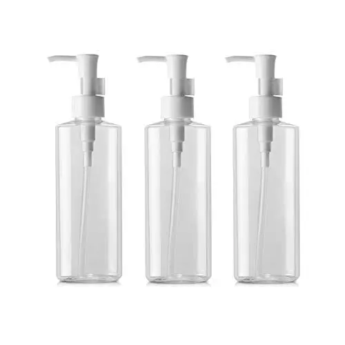Produktbild: ericotry 3 x leere transparente Kunststoff-Pumpflasche, transparent, flach, Make-up-Entferner, Ölspender, nachfüllbar, Kosmetikbehälter für Lotion, Emulsion, Reinigungsöl, Shampoo, Duschgel (200 ml)