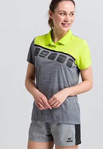 Produktbild: Erima Damen 5-C Poloshirt, grau melange/lime pop/schwarz, 36