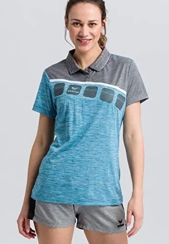 Produktbild: Erima Damen 5-C Poloshirt, oriental blue melange/grau melange/weiß, 48