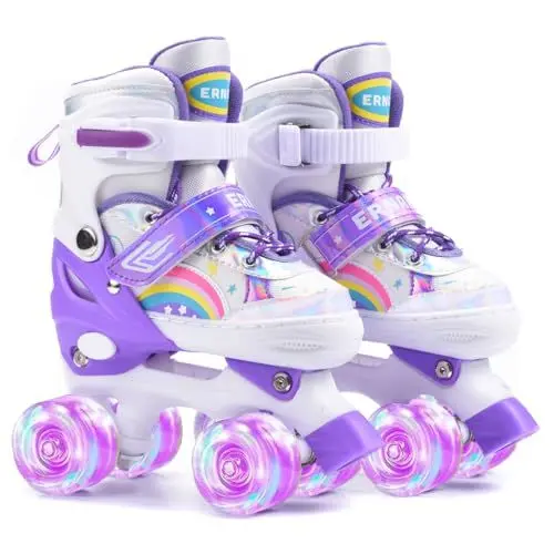 Produktbild: ERNAN Rollschuhe Mädchen Verstellbar.komfortabl LED Rollerskates für Jugendliche und Anfänger.4 Größen verstellbar,Rollschuhe für Mädchen,Jungen und Anfänger (Purple, M)