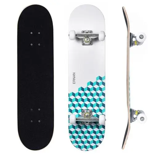 Produktbild: ERNAN Skateboard 31x8 Zoll Komplette für Kinder Jugendliche Erwachsene, komplettes Standard-Skateboards, 7 Schichten Ahorn-Deck, konkaves Skateboard (Ocean Plaid)