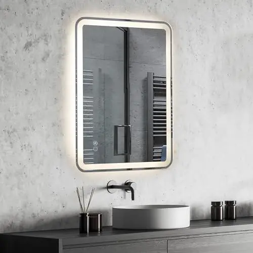 Produktbild: EROMMY Badspiegel mit Beleuchtung 50x70CM mit Steckdose,Entfoggen,Dimmbar,3 Farbtemperaturen Badezimmerspiegel,Led Spiegel mit Touch-Schalter und Speicherfunktion