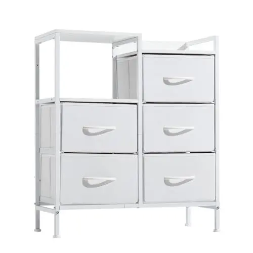 Produktbild: EROMMY Kommode mit Schubladen,Sideboard mit 5 Stoffschubladen,Metallgestell,PU-Leder Stoffkommode für Schlafzimmer, für Wohnzimmer, Flur, Büro-Weiß
