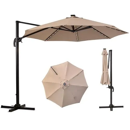 Produktbild: EROMMY Sonnenschirme 300cm Mit Led Ampelsonnenschirm, 360° Schwenkbar Sonnenschirm Groß, Ampelschirm 300 cm Mit Ständer Aluminium Gestell Windsicherung Uv-Schutz, Sonnenschirm Balkon