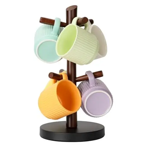Produktbild: E-ROOM TREND Tassenhalter | 1 Stück Becherhalter aus Holz | mit Kohlenstoffstahl Stabil Basis 6 Hölzerne Tasse Rack Haken | Kaffeetassenhalter für Arbeitsplatte Küche Kaffee Bar Küchentheke (MH389B)