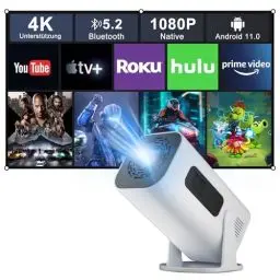 Produktbild: Eroshoo Mini Beamer,Handy Beamer 4K Unterstützung mit Ständer,1080P Mini Projektor Android,Heimkino Beamer Outdoor,210°Drehbarer Smart Außenprojektor,Kompatibel TV Stick/Phone/HDMI/USB,Weiß