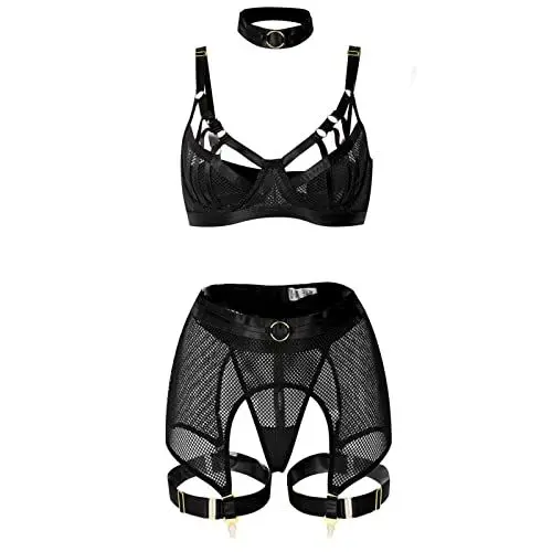 Produktbild: Erotiek Dessous Damen FüR Sex Dessous Schwarz Dessous-Korsett-Set, Spitzen-Bodysuit, exotisches Bustier mit Halsband, Beinband, Strumpfgürtel, Spitze, Sexy Dessous Damen FüR Sex XL (Black, S)