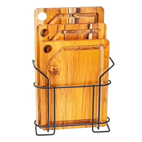 Produktbild: Erreke Schneidebrett Set, Schneidebretter Holz, Holz Schneidebretter, 3er-Set Teakholz-Schneidebretter Echtholz, Wendbar und in Verschiedenen Größen, Inklusive Ständer, Holzbrett Küche, Saftrille