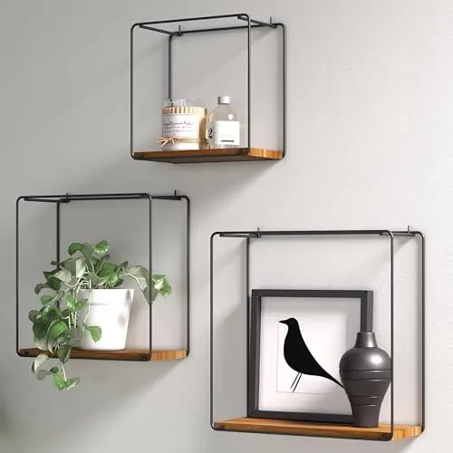 Produktbild: Erreke Wandregal Holz und Metall 3 Stück, 100% Authentische Teakholz, Wandregale Schwarz, Holzregal Wand, Regal Wand, für Büro Wohnzimmer Schlafzimmer Küche