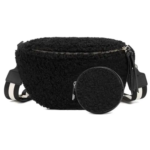 Produktbild: ER.Roulour Bauchtasche Plüsch Damen Umhängetasche Gürteltasche Hüfttasche mit Breiter Gurt und Münze Crossbody Bag (Schwarz)