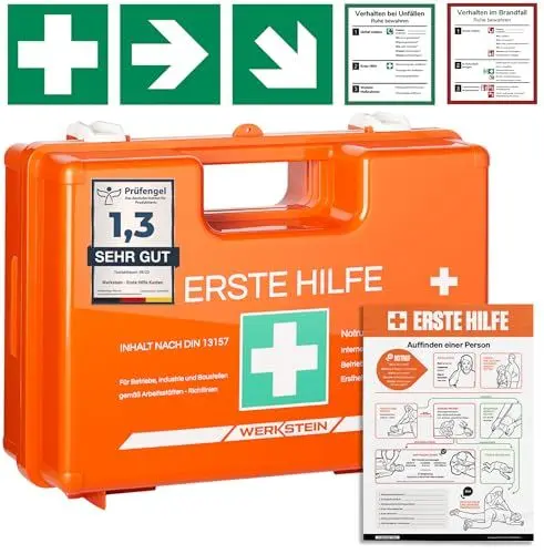 Produktbild: Erste Hilfe Kasten DIN 13157:2021 - Inkl. Erste Hilfe Plakat 277 x 420 mm, praktischer Wandhalterung, 5x Aufkleber & Plombe - Erste Hilfe Koffer für Betriebe, Einrichtungen & Zuhause - Verbandskasten