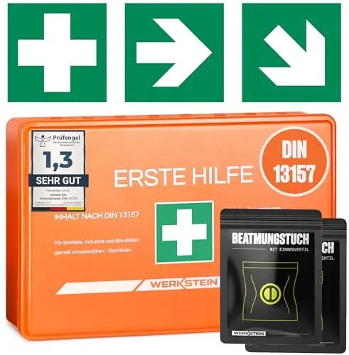 Produktbild: WERKSTEIN® Erste Hilfe Verbandskasten inkl. 2x Beatmungstuch & Wandhalterung (DIN 13157:2021) - Erste Hilfe Kasten für Betriebe, Zuhause & Einrichtungen - Erste Hilfe Koffer - First Aid Box