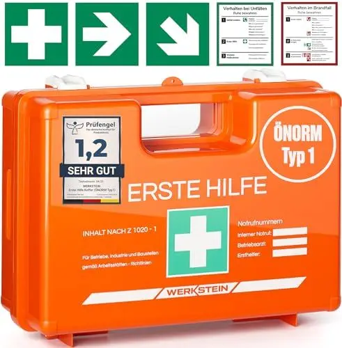 Produktbild: Erste Hilfe Kasten ÖNORM Z1020 Typ1 - Verbandskasten inkl. praktischer Wandhalterung, 5x Aufkleber, Gesichtsmasken, Feuchttücher & Plombe - Erste Hilfe Koffer für Betriebe, Einrichtungen & Zuhause