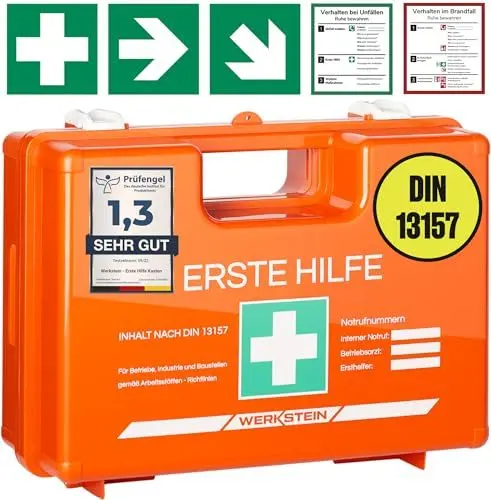 Produktbild: Erste Hilfe Kasten mit Inhalt nach neuer DIN 13157:2021 I Erste Hilfe Koffer inkl. praktischer Wandhalterung, 5x Aufkleber & Plombe I Verbandskasten für Betriebe, Einrichtungen & Zuhause