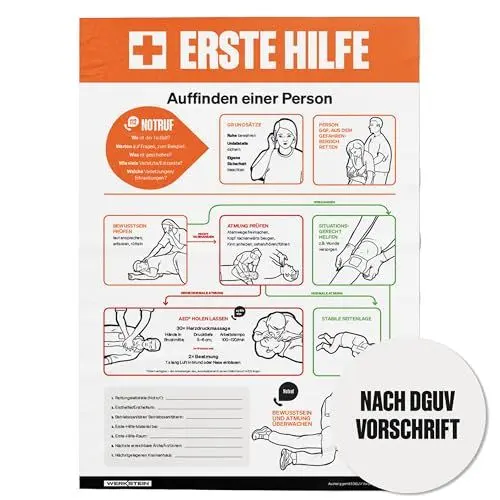 Produktbild: Erste Hilfe Plakat 277 x 420 mm - Neuester Stand 2024 nach DGUV Vorschrift - Klare Anleitungen für Notfälle - Erste Hilfe Schild aus festem Papier für effektive Erste-Hilfe-Maßnahmen 27,7 x 42 cm