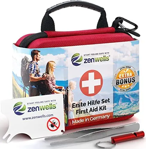 Produktbild: Zenwells® Erste-Hilfe-Set/First Aid Kit nach DIN 13167, wasserdicht & kompakt, ideal für Outdoor, Auto, Fahrrad & Reisen, inkl. Notfallzubehör & Hartschalenetui