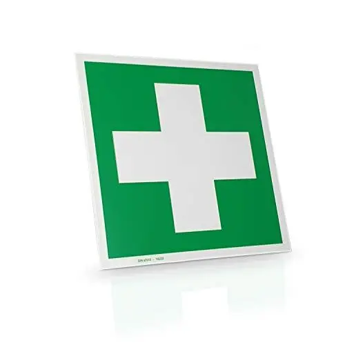 Produktbild: Betriebsausstattung24 Erste Hilfe & Verbandskasten Schild - Aluminium, langnachleuchtend - 15,0 x 15,0 cm - DIN 4844-2 D-E003 - L4Norm BGV A8 E03 - SR A1.3 E003 - Rettungszeichen