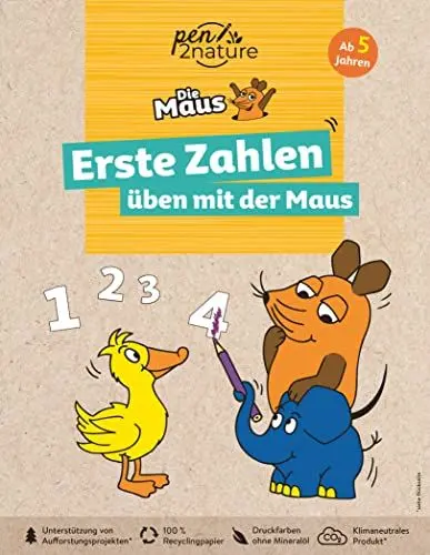 Produktbild: Erste Zahlen üben mit der Maus. Für Kinder ab 5 Jahren: Nachhaltiges Vorschulbuch mit den Zahlen von 1 bis 10 und Rätseln. Für kleine Fans der Sendung mit der Maus (pen2nature Die Maus)