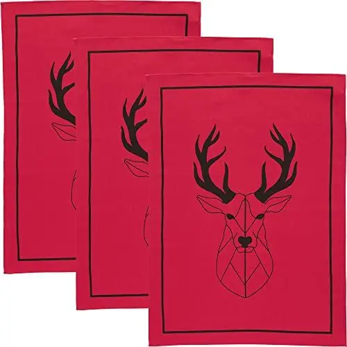 Produktbild: Erwin Müller Geschirrtuch, Küchentuch, Trockentuch im 3er-Pack mit Druckmotiv Hirsch rot Größe 50x70 cm - strapazierfähig, saugkräftig, 100% Baumwolle