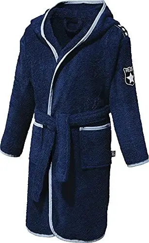 Produktbild: Erwin Müller Kinder-Bademantel Polizei - saugstark, mit Kapuze und aufgesetzten Taschen - hellgrau-dunkelblau Größe 122/128