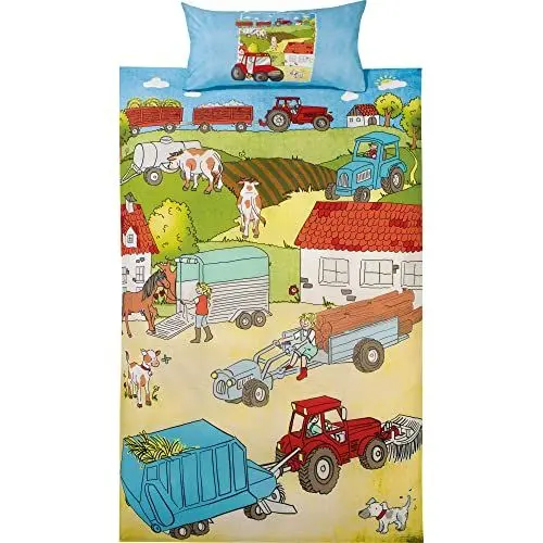 Produktbild: Erwin Müller Kinder-Bettwäsche, Bettgarnitur, Sparpaket 5-TLG. Renforce, Bauernhof bunt Größe 135x200 cm (40x80 cm) - aus Bettwäsche, Kissen, Steppbett und Spannbettlaken