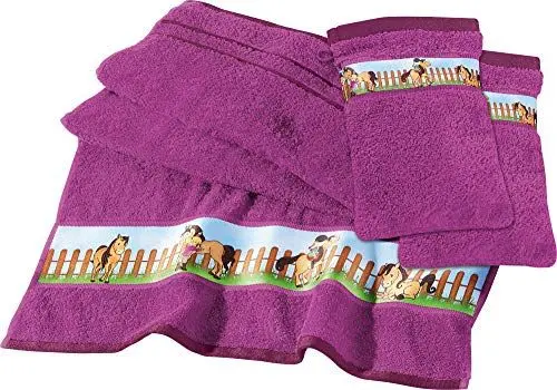 Produktbild: Erwin Müller Kinder-Handtuchset, Frottierset 3-TLG. Pferd, Pony Fuchsia Größe 50x100 cm + 15x21 cm - 1 Handtuch und 2 Waschhandschuhe, mit Pferdemotiv, saugstark, weich