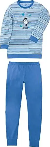 Produktbild: Erwin Müller Kinder Schlafanzug, Pyjama, Nachtwäsche Single-Jersey, Streifen Schaf blau Größe 110/116 - Bündchen am Ärmel, Saum und Beinen, hautsympathisch, weich