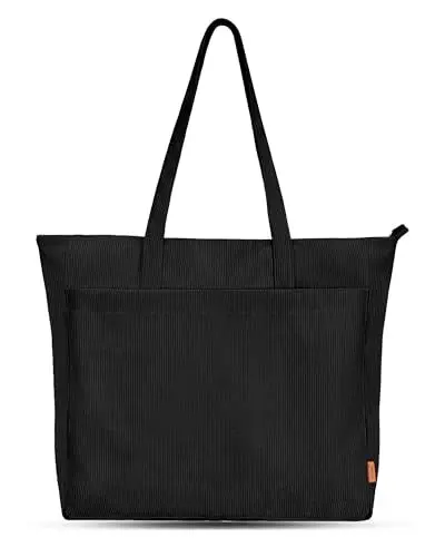 Produktbild: Esbyyewi Cord Tasche Tote Bag Damen Handtasche Umhängetasche Große mit Reißverschluss Wasserdicht Schultertasche Einkaufstasche Stofftasche für Büro Uni Schule Sport Reise-43x11x40CM-Schwarz