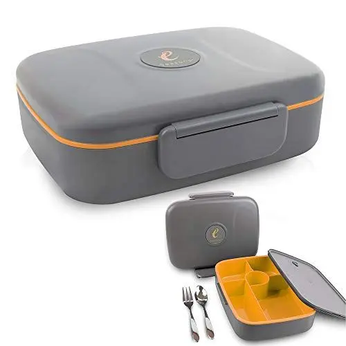 Produktbild: eSeasons Bento Lunchbox auslaufsichere 5-Fächern Dunkel Grau-Orange Edelstahlbesteck BPA Frei