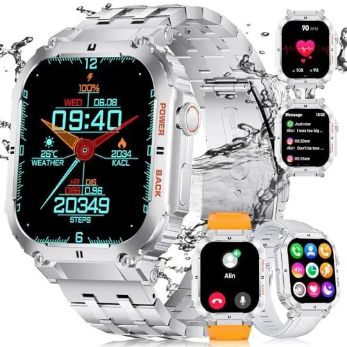 Produktbild: ESFOE Militär Smartwatch Herren mit Telefonfunktion(3 Bänder),1.96 Zoll Touchscreen Smart Watch Fitnessuhr,100+ Sportmodi,400mAh IP68 Wasserdicht Smart Watch mit Schrittzähler Pulsmesser Schlafmonitor
