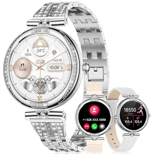 Produktbild: ESFOE Smartwatch Damen mit Telefonfunktion, 1,19'' AMOLED Diamond Smartwatch mit 123 Sportmodi，Menstruationszyklus, Pulsmesser, Schlafmonitor, IP68 Wasserdicht Fitnessuhr für iOS Android(Silber)